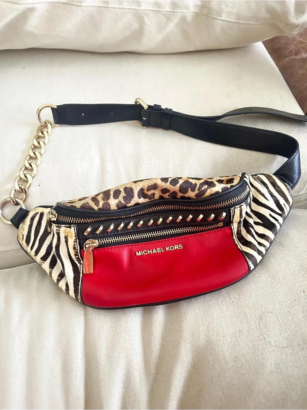 Michael Kors Red Leather & Animal Print Crossbody Belt Bag
